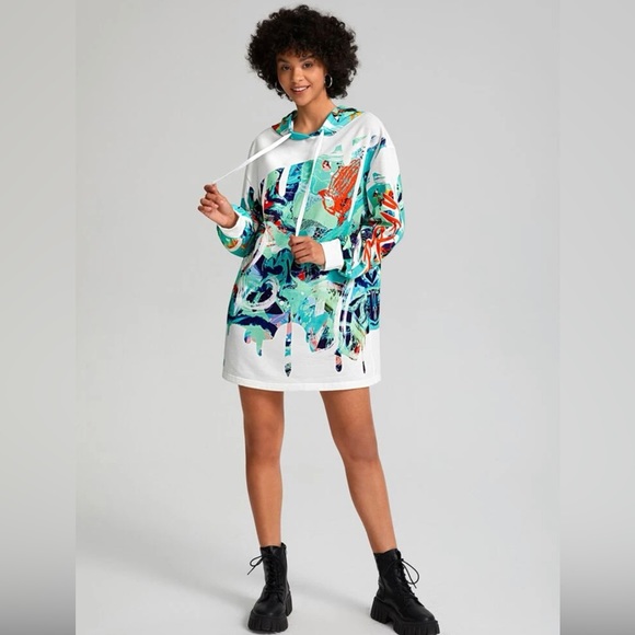 EQURIS Graphic Print Drop Shoulder Drawstring Hoodie Dress - Picture 3 of 5